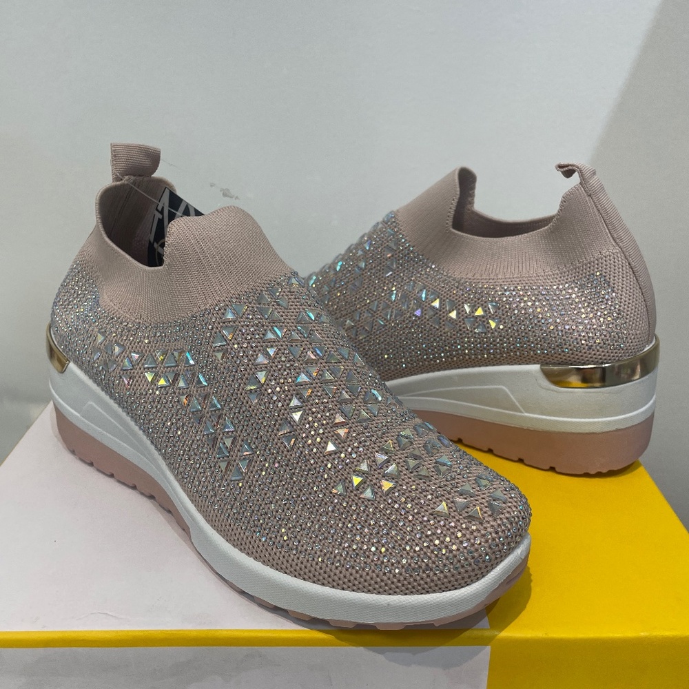 Slip-On Blush Pink Knit Platform Sneakers with Crystal Accents